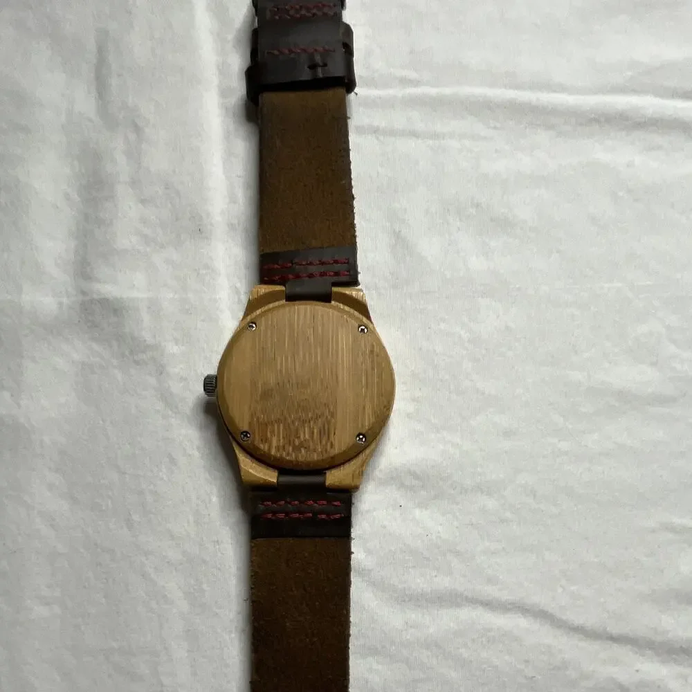 Wood Case Analog Wristwatch, Brown Leather Strap, Arabic Numerals, 12-Hour Dial